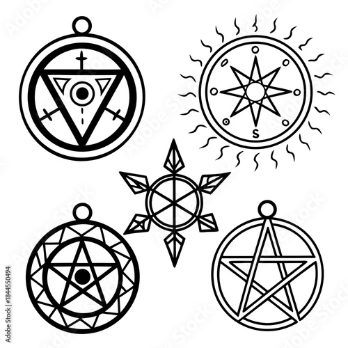 Set of five black and white mystical symbols and runes