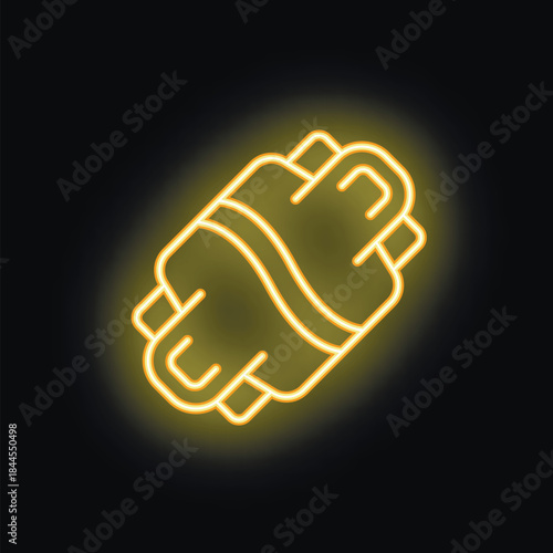 Yellow glowing neon icon of shawarma with meat and sauce on black background
