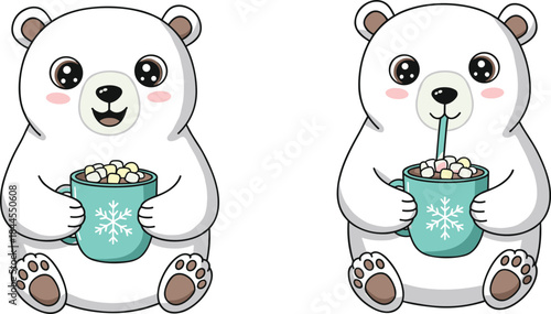 Polar bear mug illustration, festive winter animal graphic, cozy hot drink artwork, cheerful seasonal character design, holiday cartoon visual