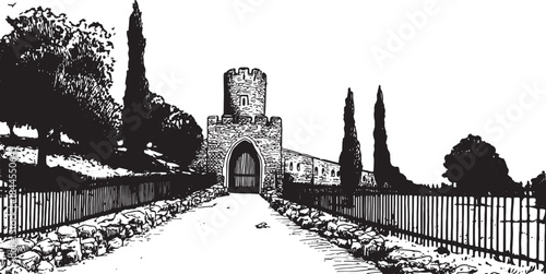 Castle tower and gate in a scenic landscape. Black and white vector illustration with simple lines, showcasing outdoor architecture in a vintage style set.