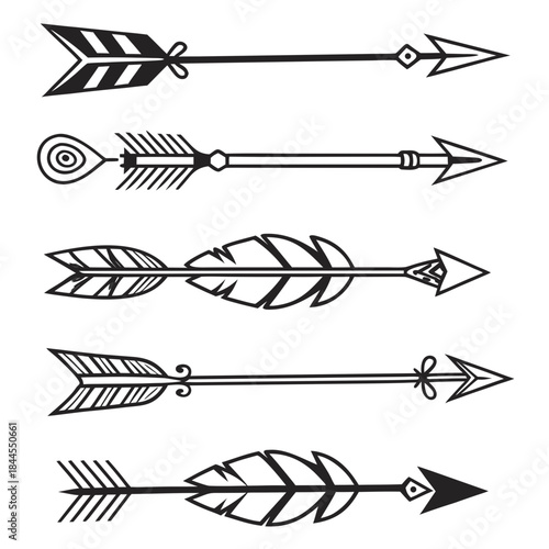 Set of five black decorative tribal arrows boho design element