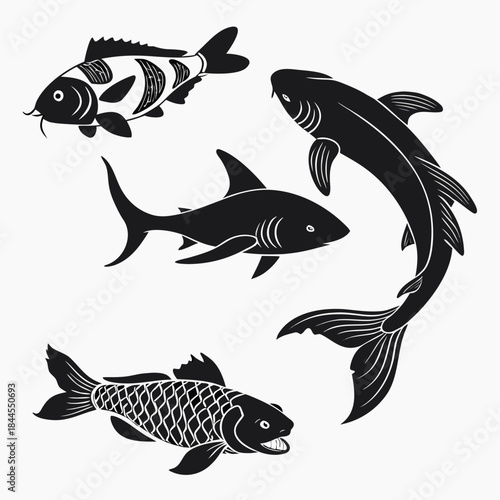 Set of five black fish silhouettes koi goldfish shark