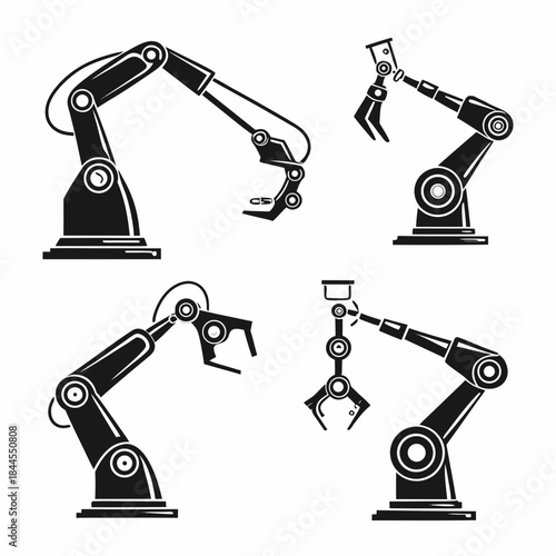 Set of five black robotic arms on white background