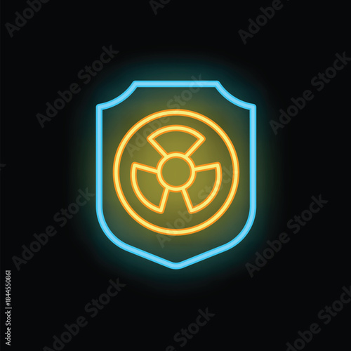 Neon sign shaped like a shield protecting from a radioactive hazard symbol