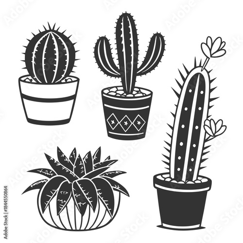 Set of five black silhouette potted cactus and succulent plants 1