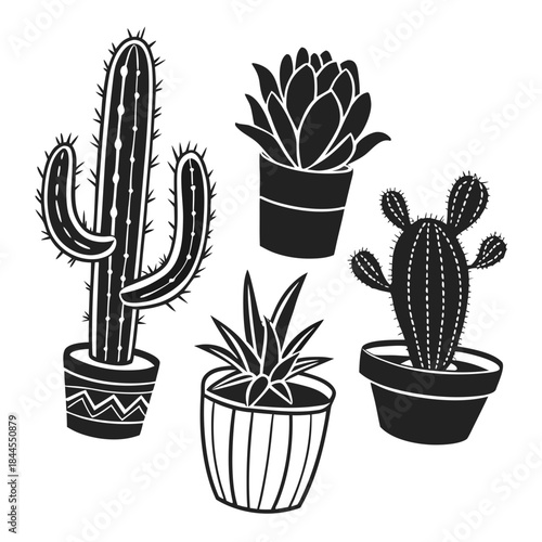 Set of five black silhouette potted cactus and succulent plants 2
