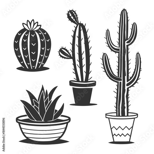 Set of five black silhouette potted cactus and succulent plants