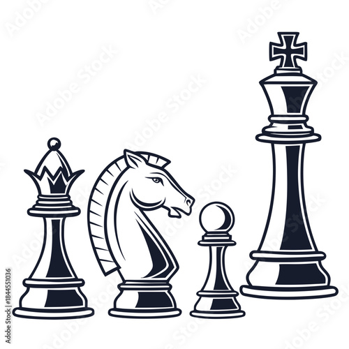 Set of five dark blue chess piece silhouettes on white background