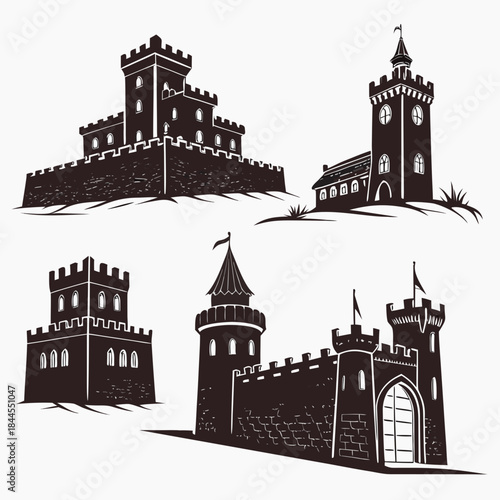 Set of five dark brown medieval castle silhouettes