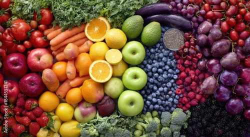 A vibrant assortment of fruits and vegetables organized in horizontal rainbow-colored rows