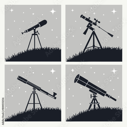 Set of five telescope silhouettes on grassy hills under starry sky