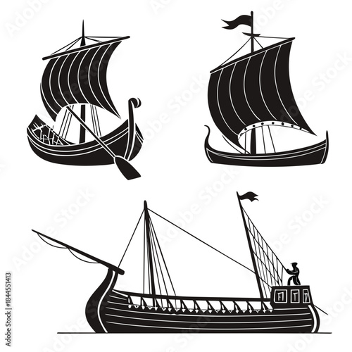 Set of four ancient black ship and boat silhouettes