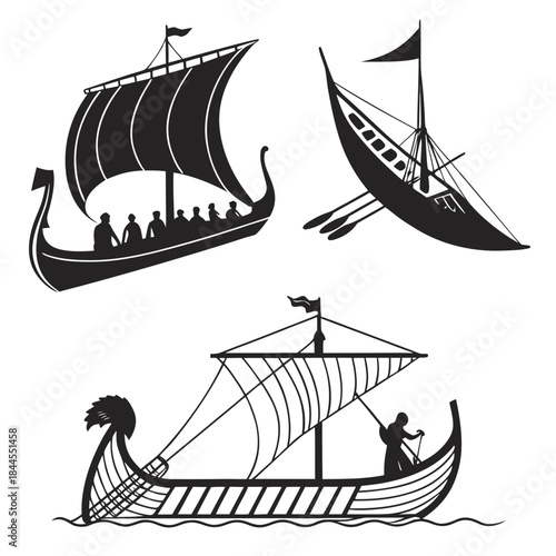 Set of four black ancient ship and boat silhouettes
