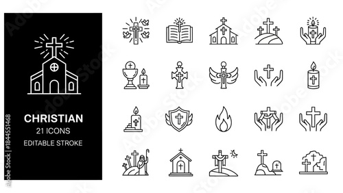 Modern minimalist collection of Christian religious icons, featuring sleek editable stroke vector designs for faith, worship, and spiritual symbolism, perfect for diverse theological projects