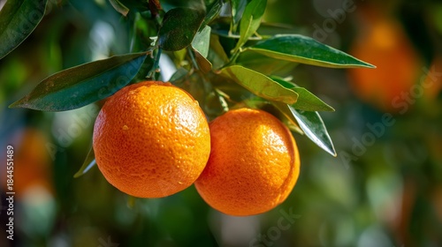 Close-up of fresh ripe oranges hanging on green leafy branches in bright natural sunlight