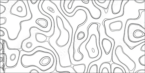Black and white abstract organic wavy lines and shapes forming a continuous, flowing, and intricate pattern on a white background, resembling topographical maps or cellular structures