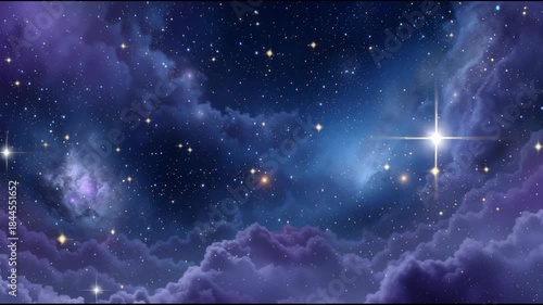 Twinkling stars and nebulae amidst cosmic clouds in night sky