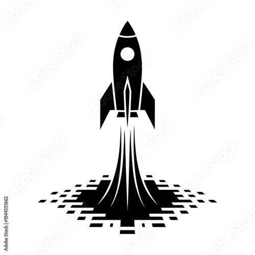 black silhouette geometric rocket launch with digital exhaust futuristic startup vector