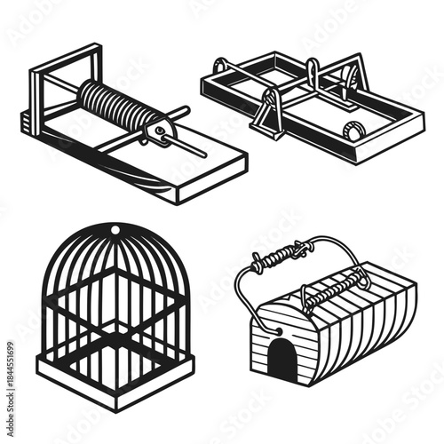 Set of four black and white silhouette animal traps and cages 1