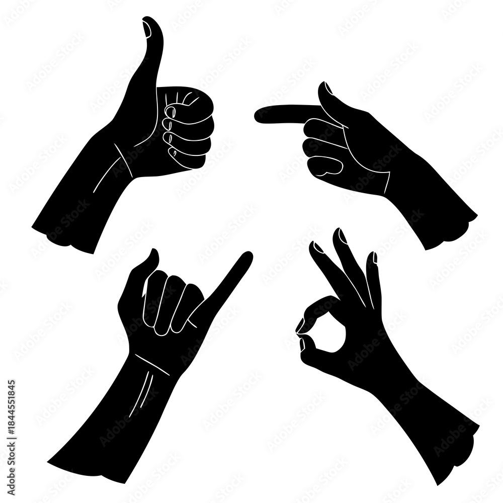 Fotografie Set of four black hand gesture silhouettes on white