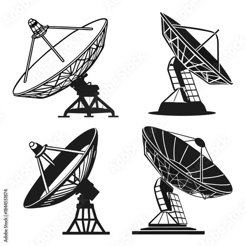 Set of four black satellite dish silhouettes radio telescope