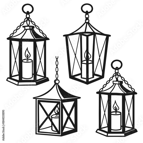 Set of four black silhouette hanging lanterns with candles
