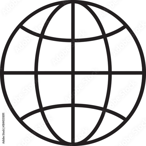 A simple black and white outline of a globe depicting lines of latitude and longitude clearly