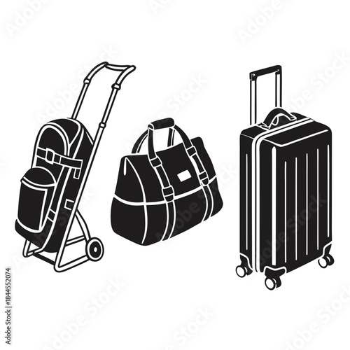 Set of four black travel luggage silhouettes on white