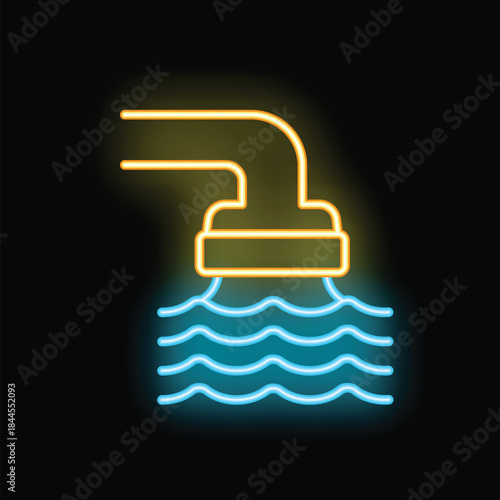 Glowing neon line icon of pipe discharging polluted water in sea or ocean isolated on a black background