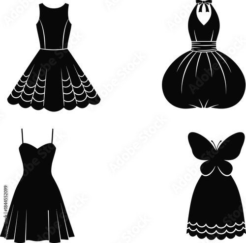 Dress silhouette set, fashion design, scalloped hem, halter neckline, pleated skirt, butterfly bodice, black vector, elegant, stylish, icon