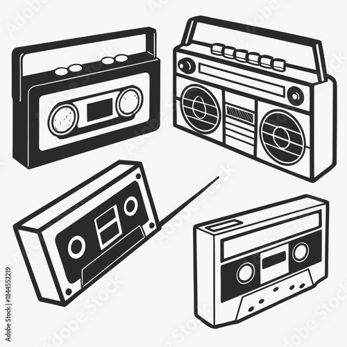 Set of four retro cassette tapes and boombox music player