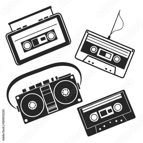 Set of four retro cassette tapes and music players