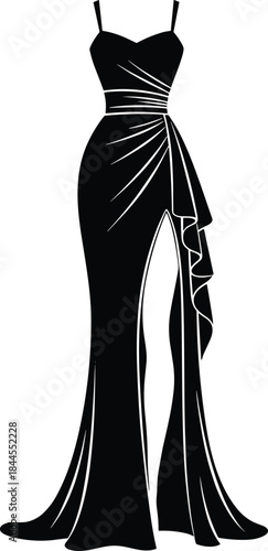 Evening gown silhouette, high slit, ruffled skirt, thin straps, formal dress, fashion design, black vector, elegant, stylish, chic