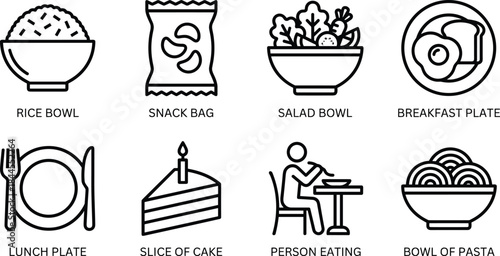 Food icon set, rice bowl, snack bag, salad bowl, breakfast plate, lunch plate, cake slice, pasta bowl, person eating, monochrome