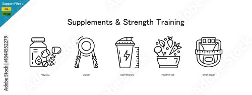 Supplements  Strength Training – Optimized Nutrition and Fitness for Maximum Performance icons. line icon