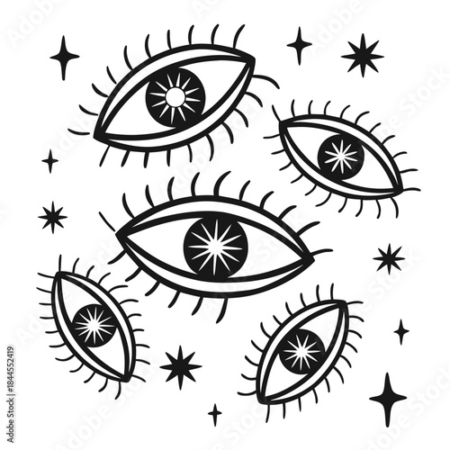 Set of seven abstract eye symbols with starburst pupils