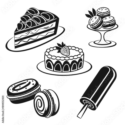 Set of seven black and white dessert icons silhouette