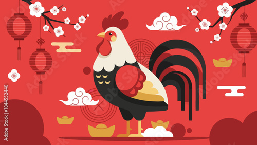 Festive Chinese New Year Celebration with Rooster and Traditional Decorations