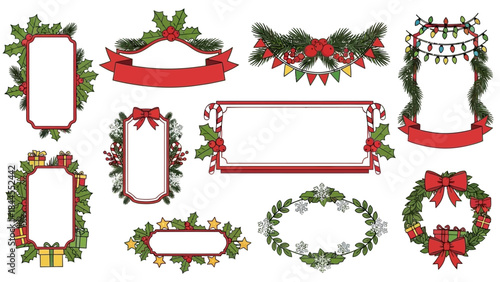 Vibrant collection of festive Christmas frames and elegant borders, featuring classic holiday ornaments, winter greenery, and decorative ribbons, perfect for seasonal graphic design projects