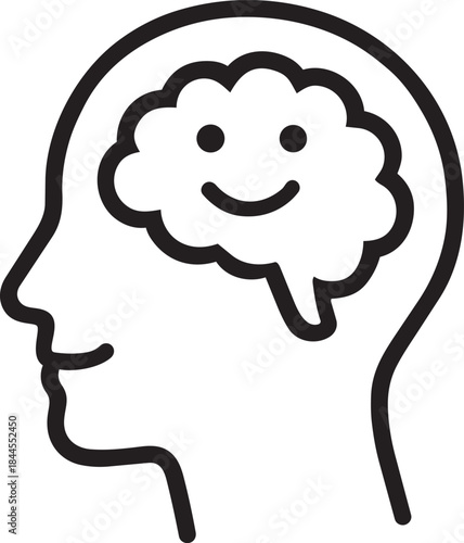 A simple line drawing depicts a human head in profile with a smiling brain inside