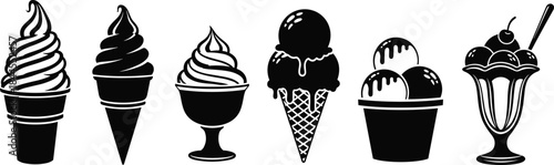 Ice cream silhouette set, soft serve, double scoop, sundae glass, dessert cup, syrup topping, black vector, sweet, cold, treat