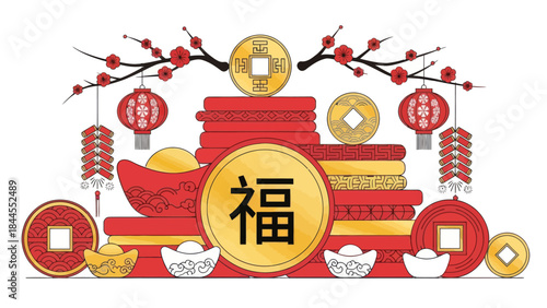 Festive Chinese New Year Celebration Decor with Traditional Symbols and Red