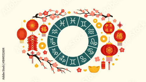 Vibrant lunar new year celebration with zodiac symbols and festive decorations