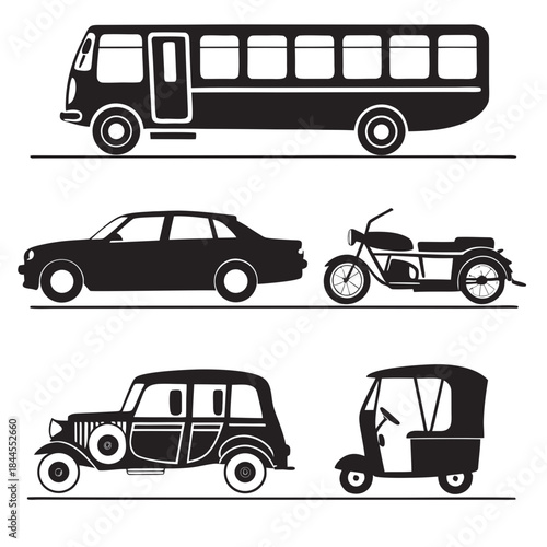Set of seven black vehicle silhouettes on white background 1