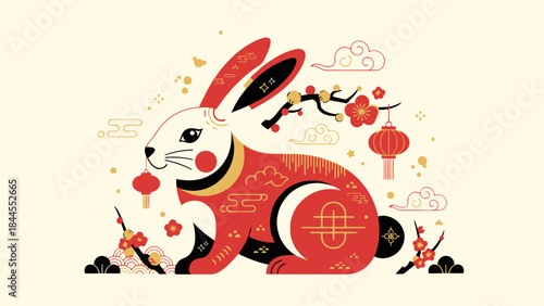 Stylized illustration of a rabbit with traditional East Asian decorative