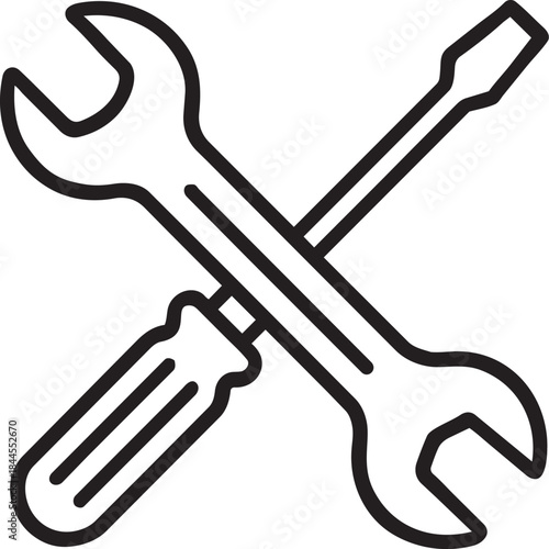 A simple black and white line drawing depicting a wrench and a screwdriver crossed together