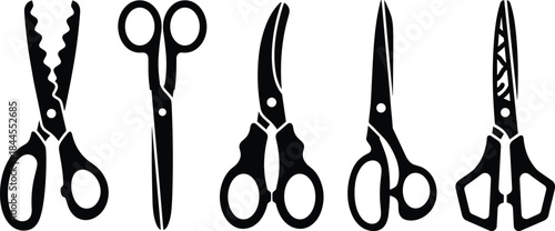 Scissor silhouette set, zigzag blade, office scissors, pruning shears, fabric cutter, craft tool, black vector, isolated icons