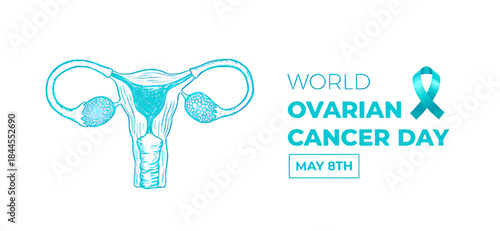 World Ovarian Cancer Day Awareness Graphic with Teal Ribbon