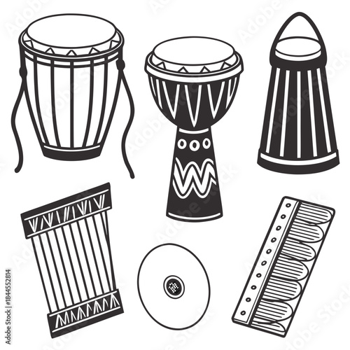 Set of six black and white African drums and percussion instruments