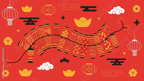 Festive Chinese New Year decoration with lanterns and firecrackers in a